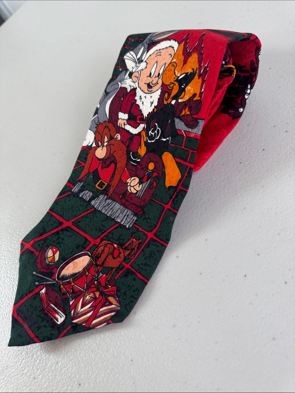 Vintage Looney Tunes Elmer Fudd Santa Bugs Bunny Print Silk Tie 90s Y2K Holiday - Picture 11 of 15